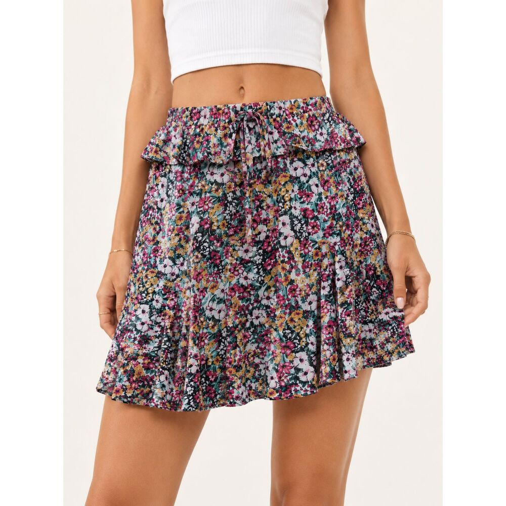 VOY Floral Ruffle Mini Skirt Large Cottagecore Boho Y2K Coquette Pull On